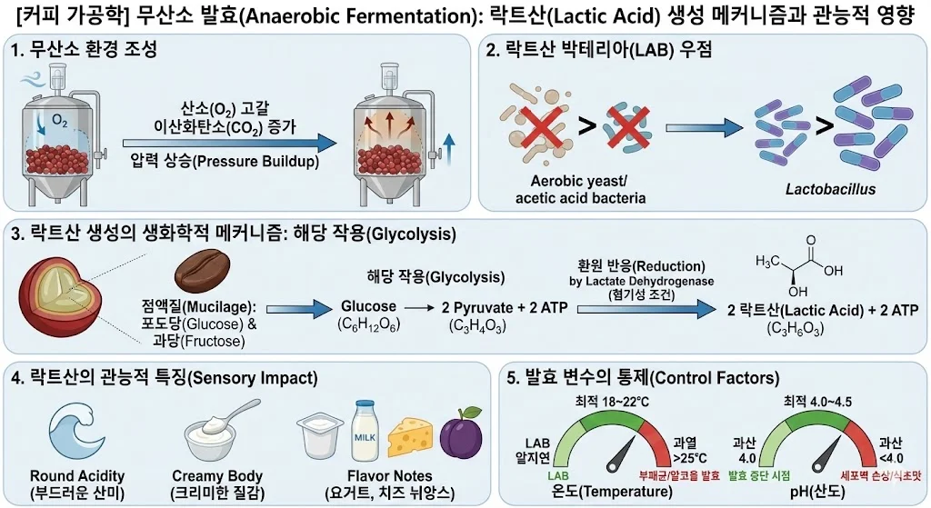 무산소 발효 과정에서 락트산 생성 메커니즘과 관능적 특징을 설명