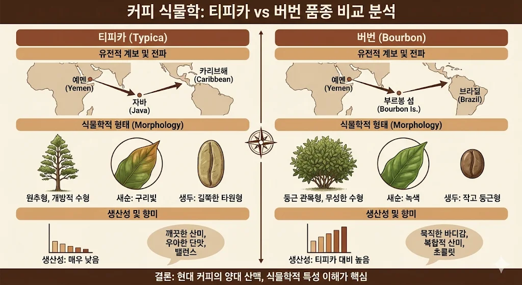 티피카와 버번의 역사적 이동 경로에 따른 유전적 계보와, 잎과 체리, 수형(Tree Shape) 등 식물학적 형태의 차이점을 심층 분석하며, 유전적 계보와 전파 경로를 포함한 내용을 설명