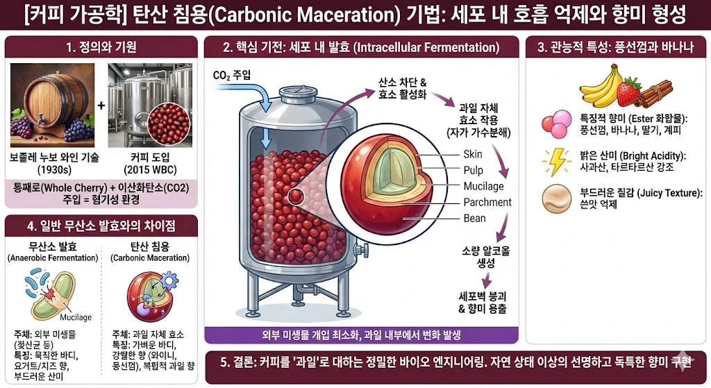 탄산 침용(Carbonic Maceration, CM)기법은 커피 체리 내부에서 일어나는 독특한 효소 작용을 통해 기존의 발효 방식으로는 구현하기 힘든 화려한 향미를 만들어 낸다는 설명