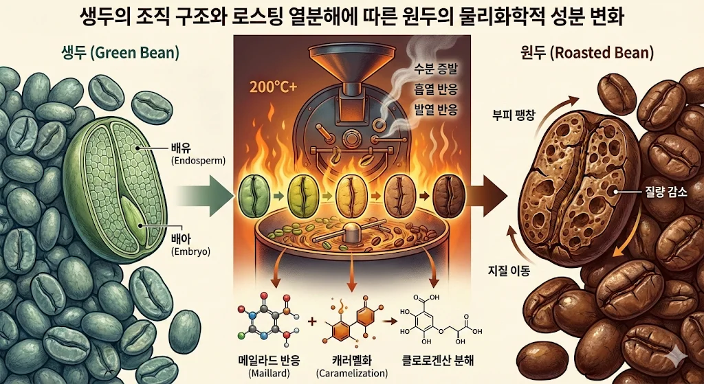 생두(Green Bean)의 조직 구조와 로스팅 열분해에 따른 원두(Roasted Bean)의 물리화학적 성분 변화 분석을 설명
