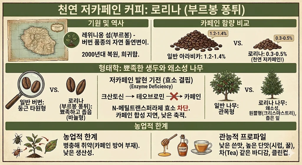 로리나(Laurina) 품종의 저카페인(Low Caffeine) 발현 기전과 뾰족한 생두 형태(Pointed Bourbon) 분석