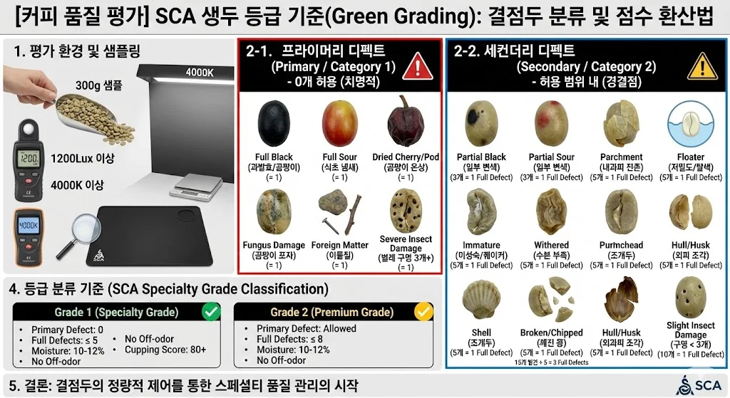 SCA의 생두 등급 분류 기준(Green Grading Protocol)과 결점두의 종류인 프라이머리 디펙트(Category 1)와 세컨더리 디펙트(Category 2)의 정의, 그리고 이를 점수로 환산하는 계산법을 분석하고 설명
