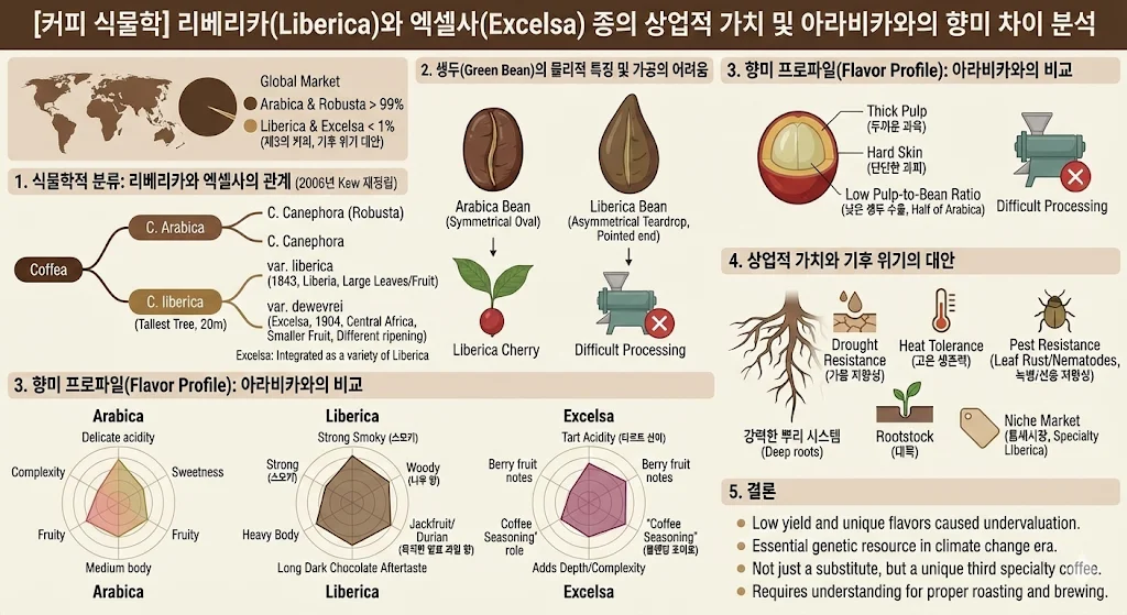 커피 품종 리베리카와 엑셀사종의 상업적 가치 및 아라비카와의 향미차이 설명