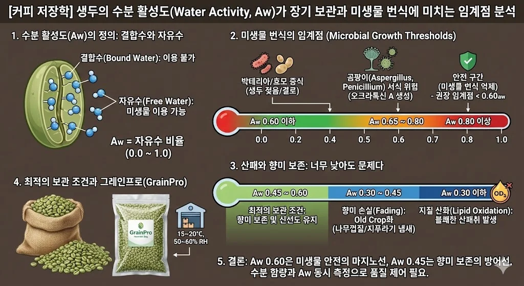 생두의 수분 활성도가 장기보관과 미생물 번식에 미치는 임계점 분석 설명
