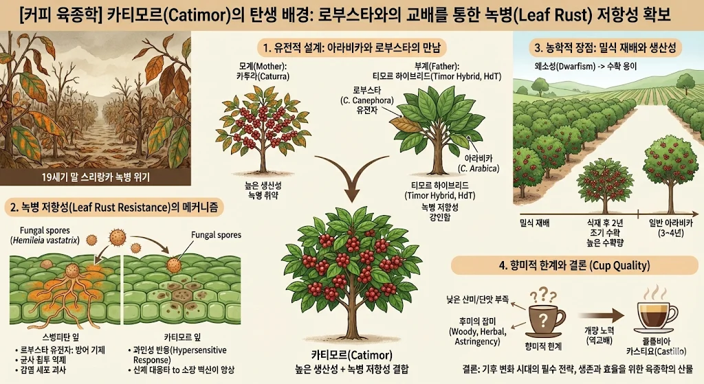카티모르의 탄생 배경 : 로부스타와 교배를 통한 녹병 저항성 확보 설명