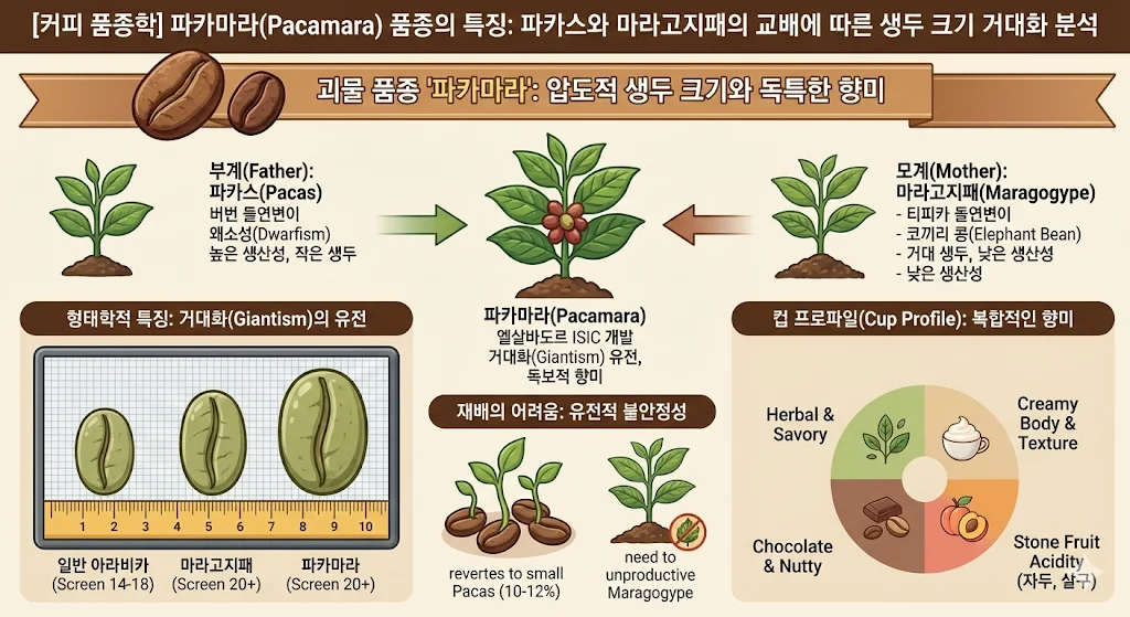 커피 품종 중 파카마라(Pacamara) 품종의 특징: 파카스와 마라고지패의 교배에 따른 생두 크기 거대화에 대해 설명