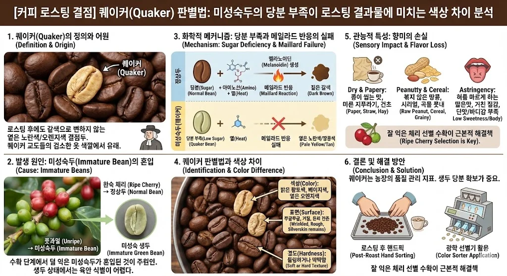 퀘이커 판별법 : 미성숙두의 당분 부족이 로스팅 결과물에 미치는 색상 차이 분석