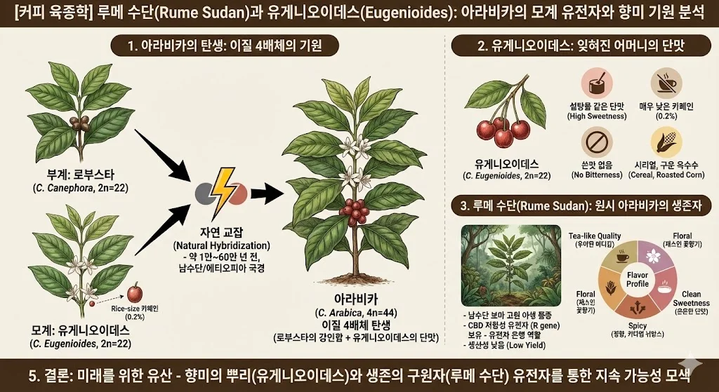 아라비카 커피품종이 로부스타의 강인함과 유게니오이데스의 단맛 유전자로 이뤄진 내용을 설명