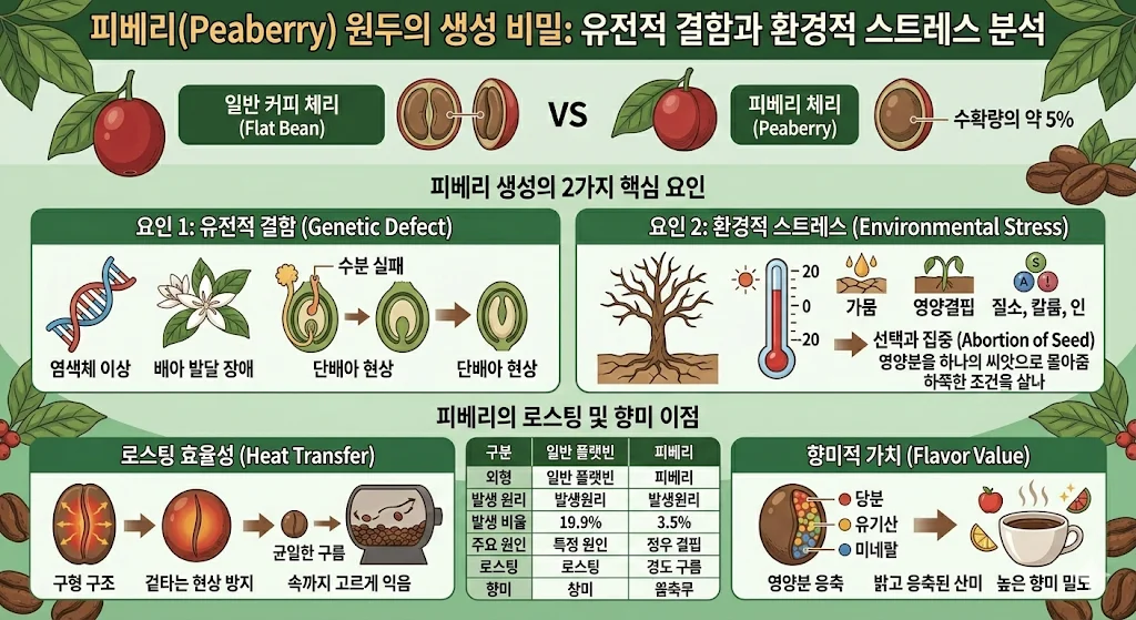 2가지 요인으로 분석하는 피베리(Peaberry) 원두의 생성 원인: 유전적 결함과 환경적 스트레스의 식물학적 비밀