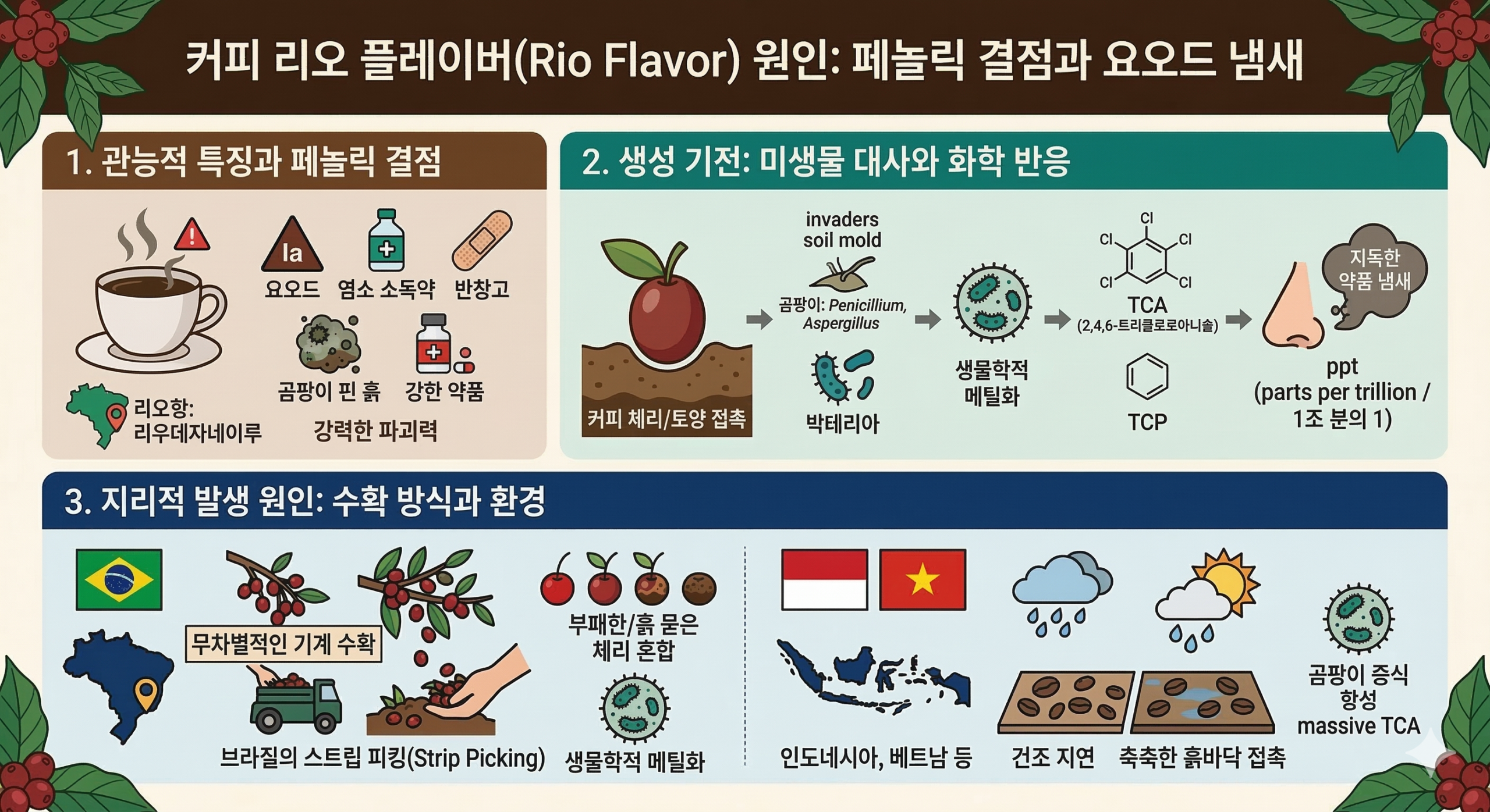 리오 플레이버와 페놀릭 결점: 브라질·동남아 커피의 요오드 냄새 원인 분석