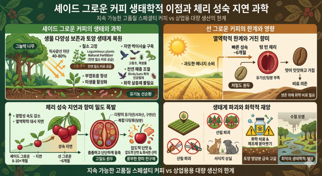 셰이드 그로운 커피 생태학적 이점과 체리 성숙 지연 과학