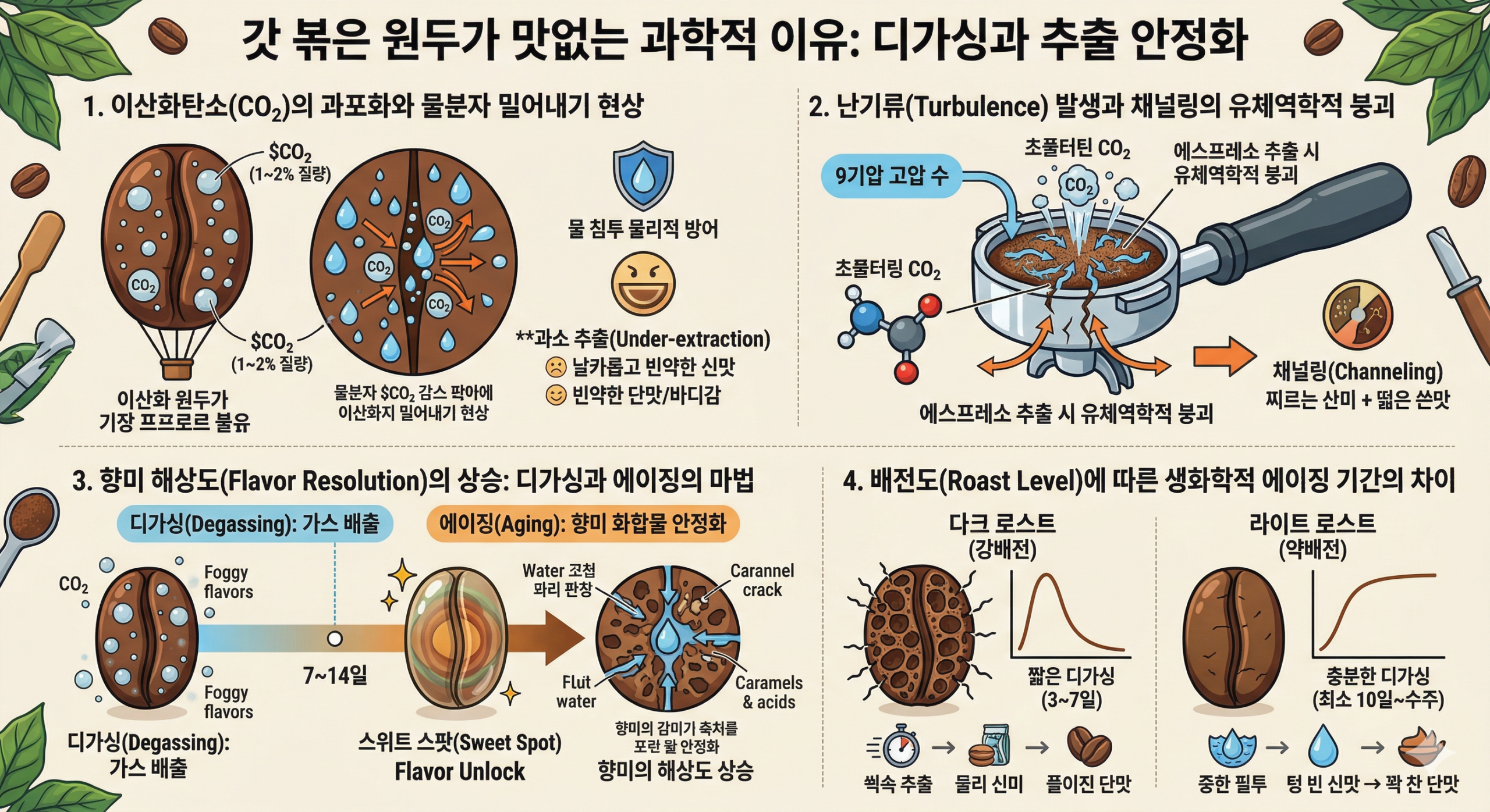 갓 볶은 원두가 맛없는 과학적 이유: 디가싱과 추출 안정화