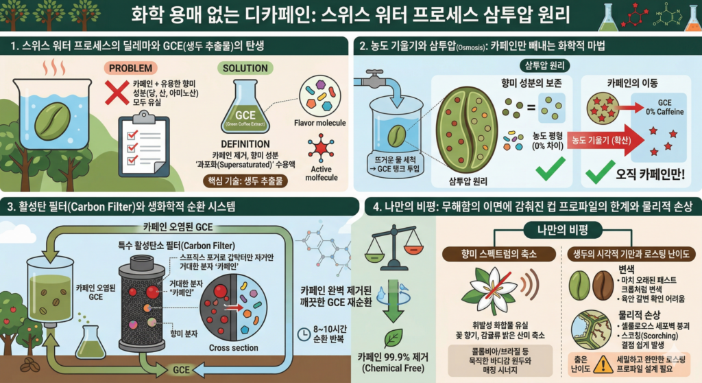 화학 용매 없는 디카페인: 스위스 워터 프로세스 삼투압 원리
