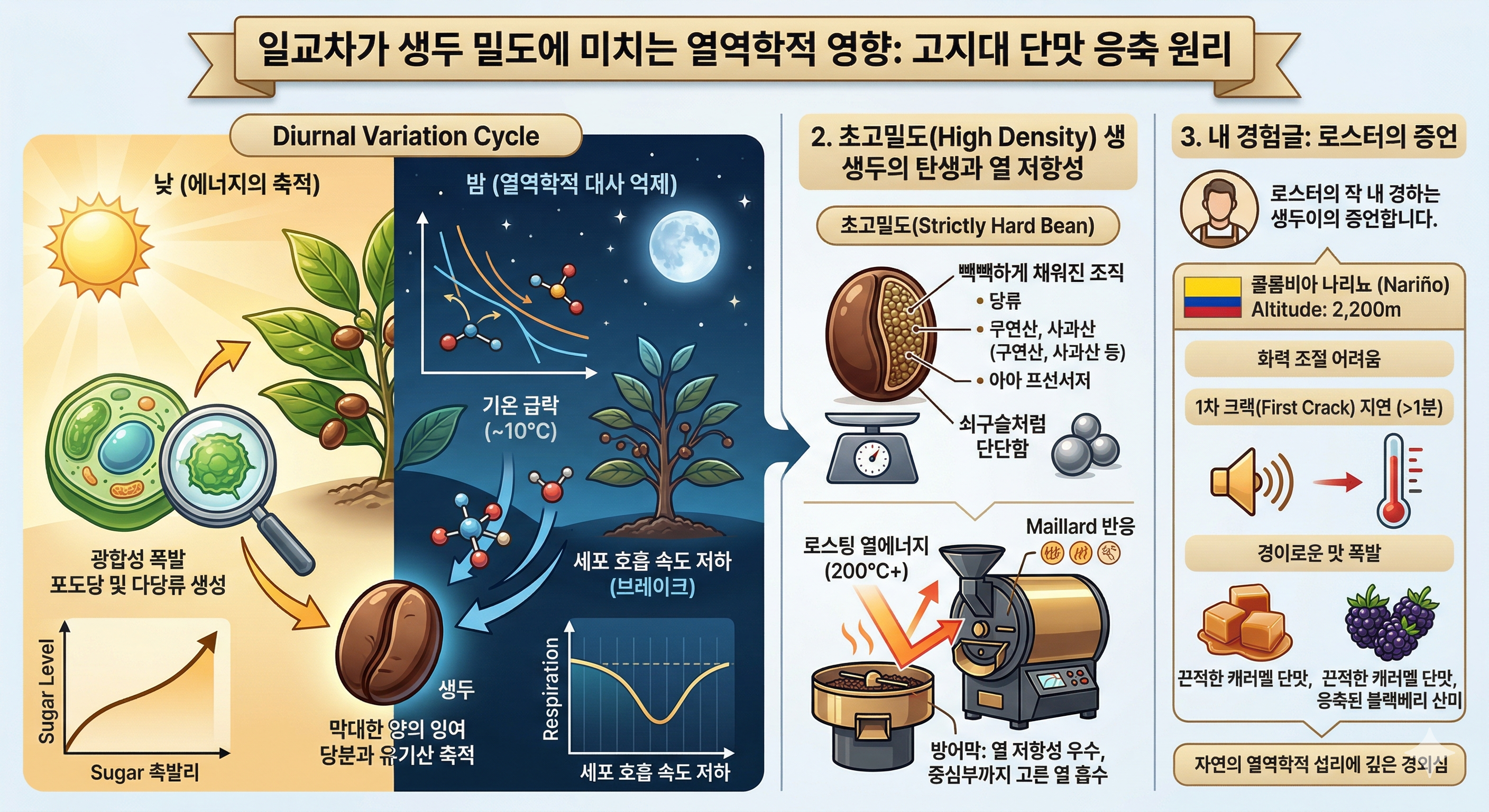 일교차가 생두 밀도에 미치는 열역학적 영향: 고지대 단맛 응축 원리