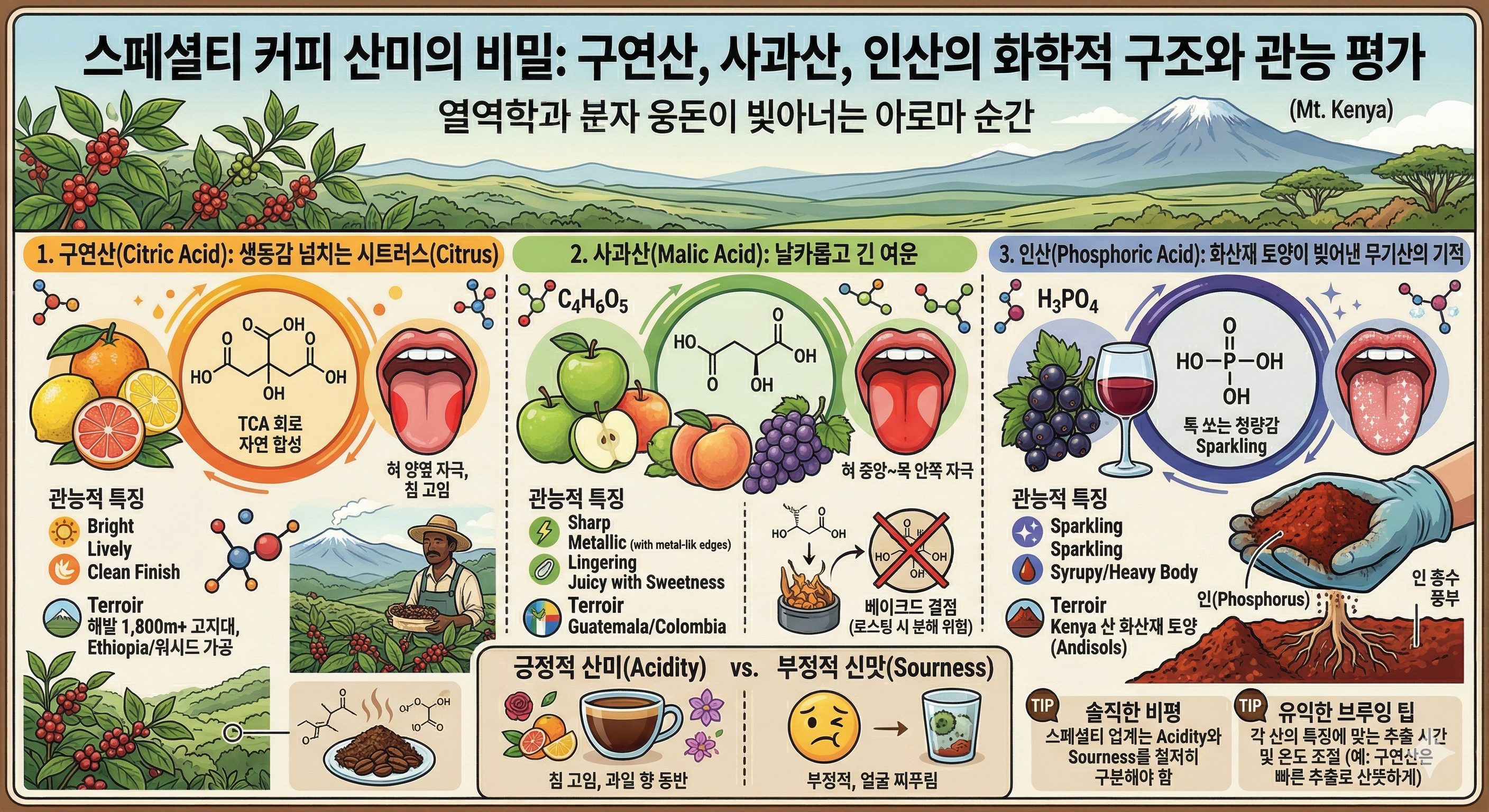 스페셜티 커피 산미의 비밀: 구연산, 사과산, 인산의 화학적 구조와 관능 평가