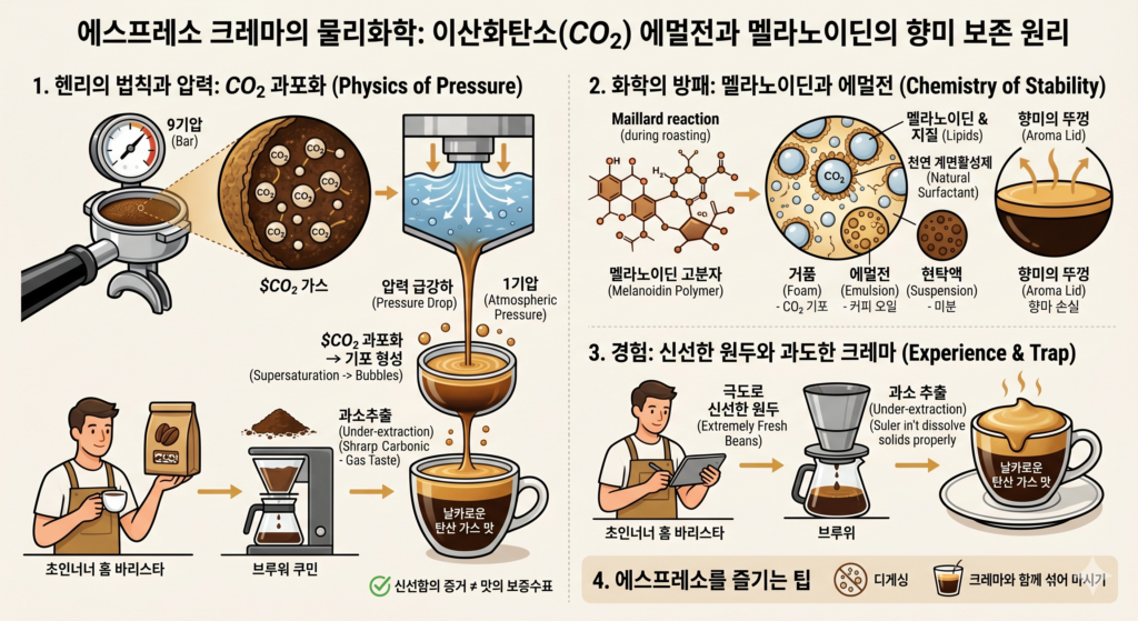에스프레소 크레마의 물리화학: 이산화탄소($CO_2$) 에멀전과 멜라노이딘의 향미 보존 원리