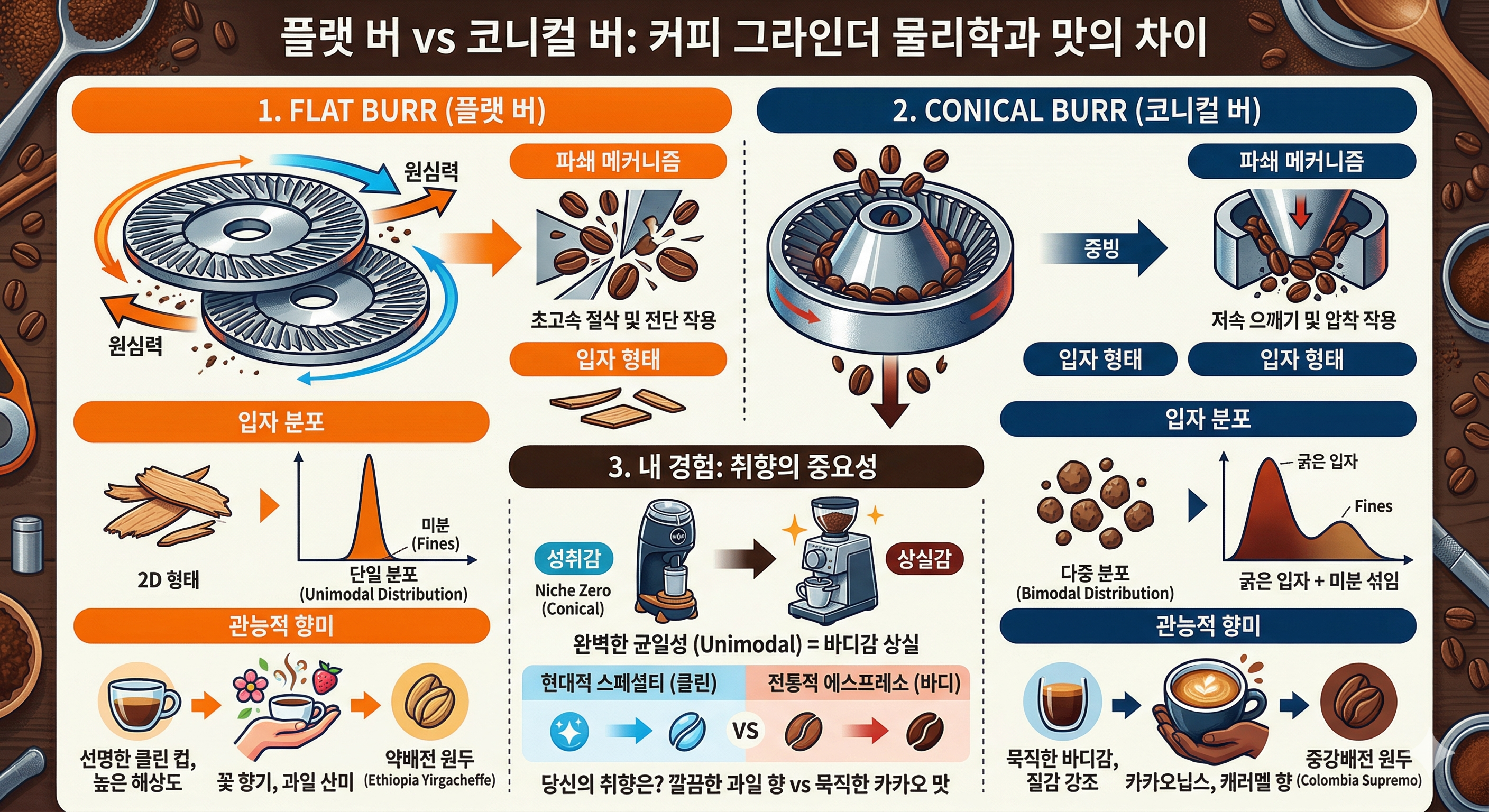 플랫 버(Flat Burr)와 코니컬 버의 원두 파쇄 물리학적 형태 차이