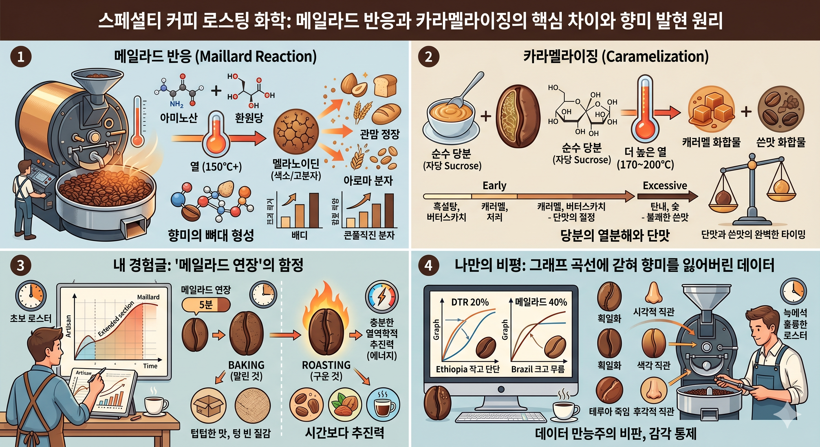 스페셜티 커피 로스팅 화학: 메일라드 반응과 카라멜라이징의 핵심 차이와 향미 발현 원리