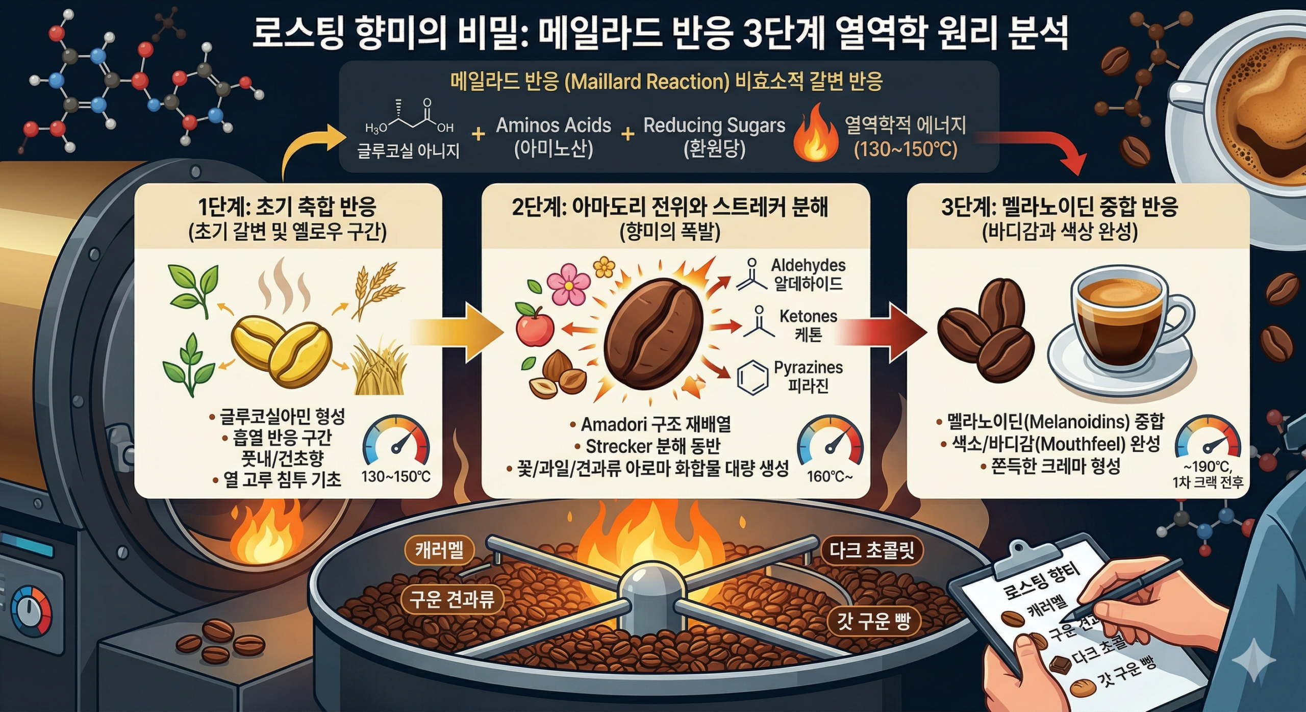 로스팅 향미의 비밀: 메일라드 반응 3단계 열역학 원리 분석