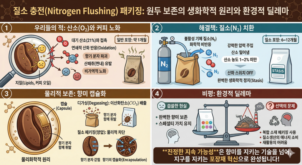 질소 충전(Nitrogen Flushing) 패키징: 원두 보존을 위한 생화학적 원리와 환경적 딜레마