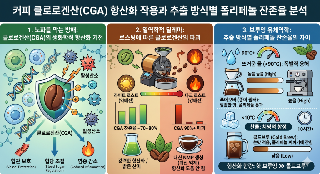 커피 클로로겐산(CGA) 항산화 작용과 추출 방식별 폴리페놀 잔존율 분석