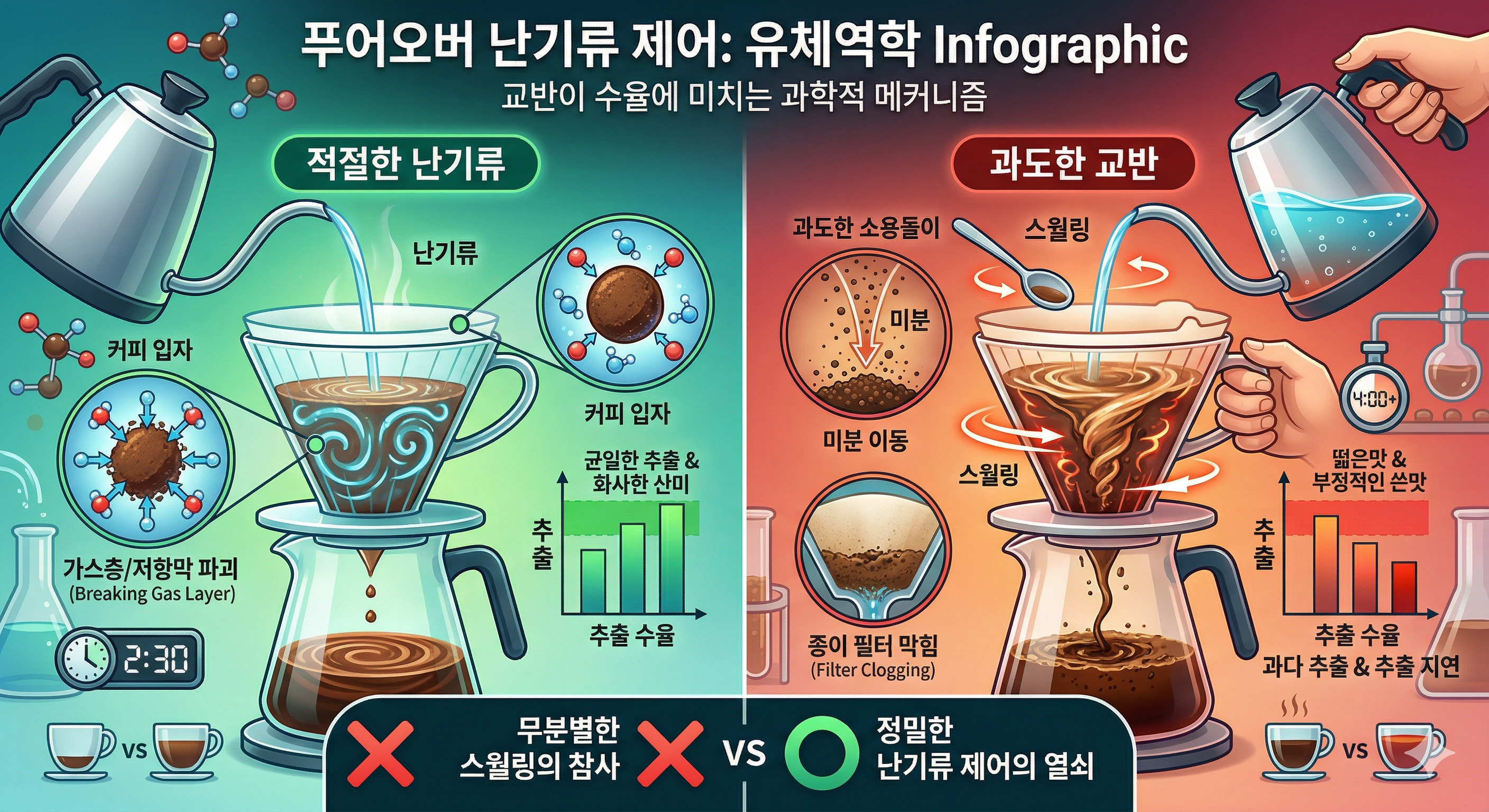 푸어오버(Pour-over) 난기류 제어: 교반이 수율에 미치는 유체역학
