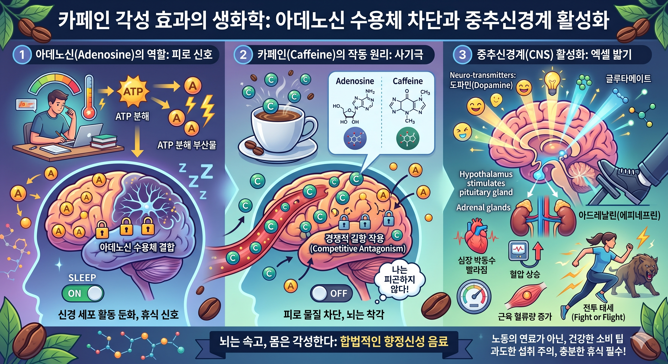 카페인 각성 효과의 생화학: 아데노신 수용체 차단과 중추신경계 활성화