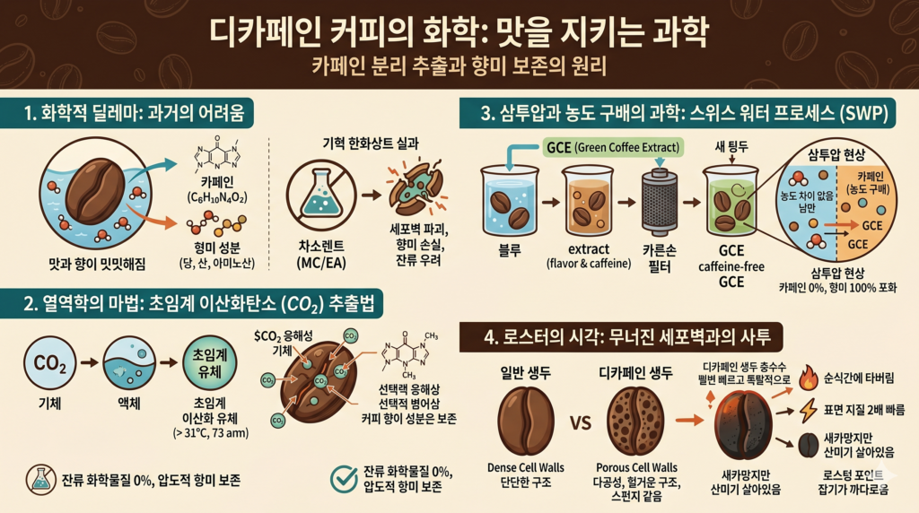 디카페인 커피 공정의 화학: 초임계 이산화탄소($CO_2$) 추출과 삼투압의 향미 보존 원리