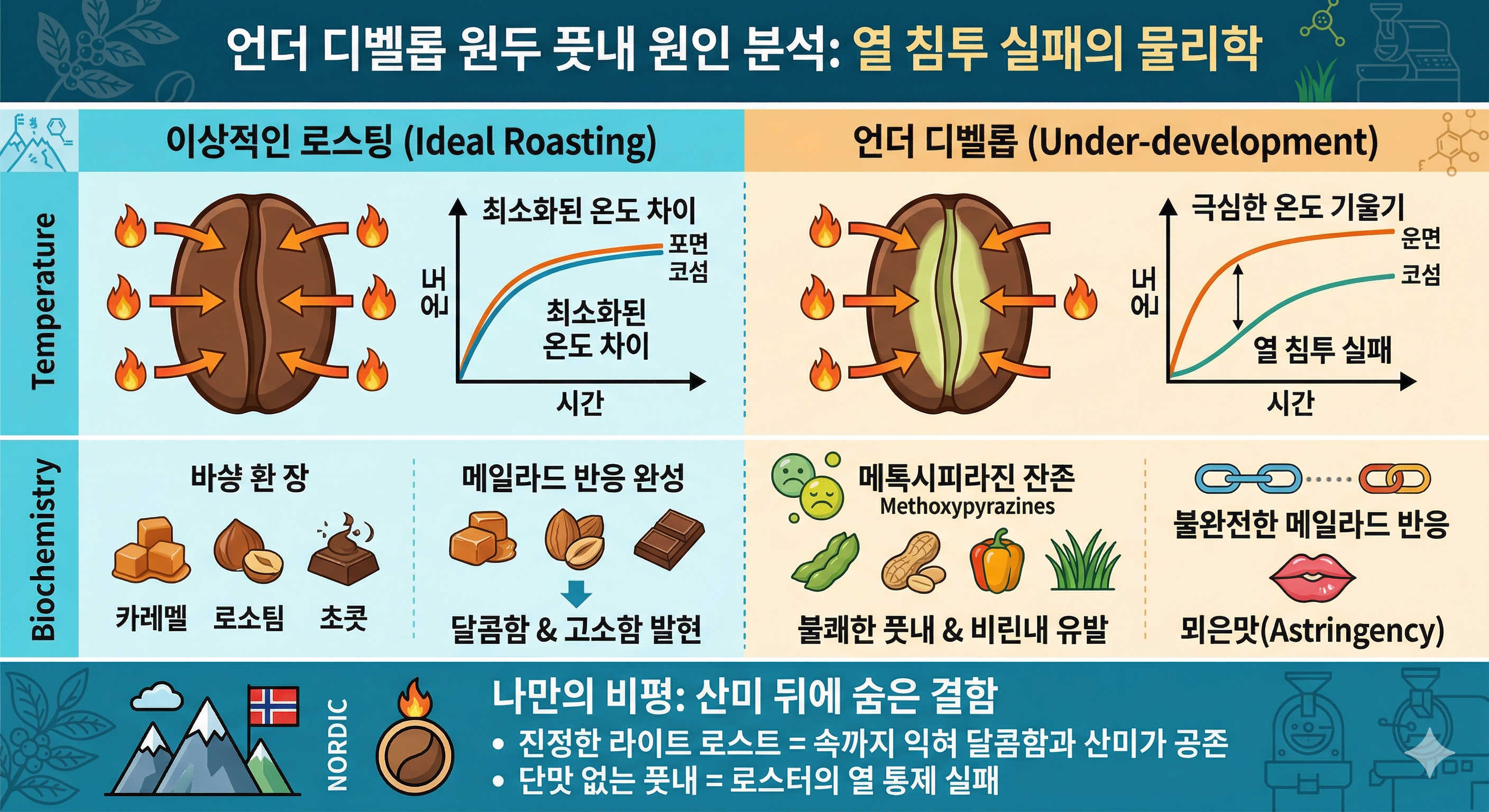 언더 디벨롭 원두 풋내 원인 분석: 열 침투 실패의 물리학