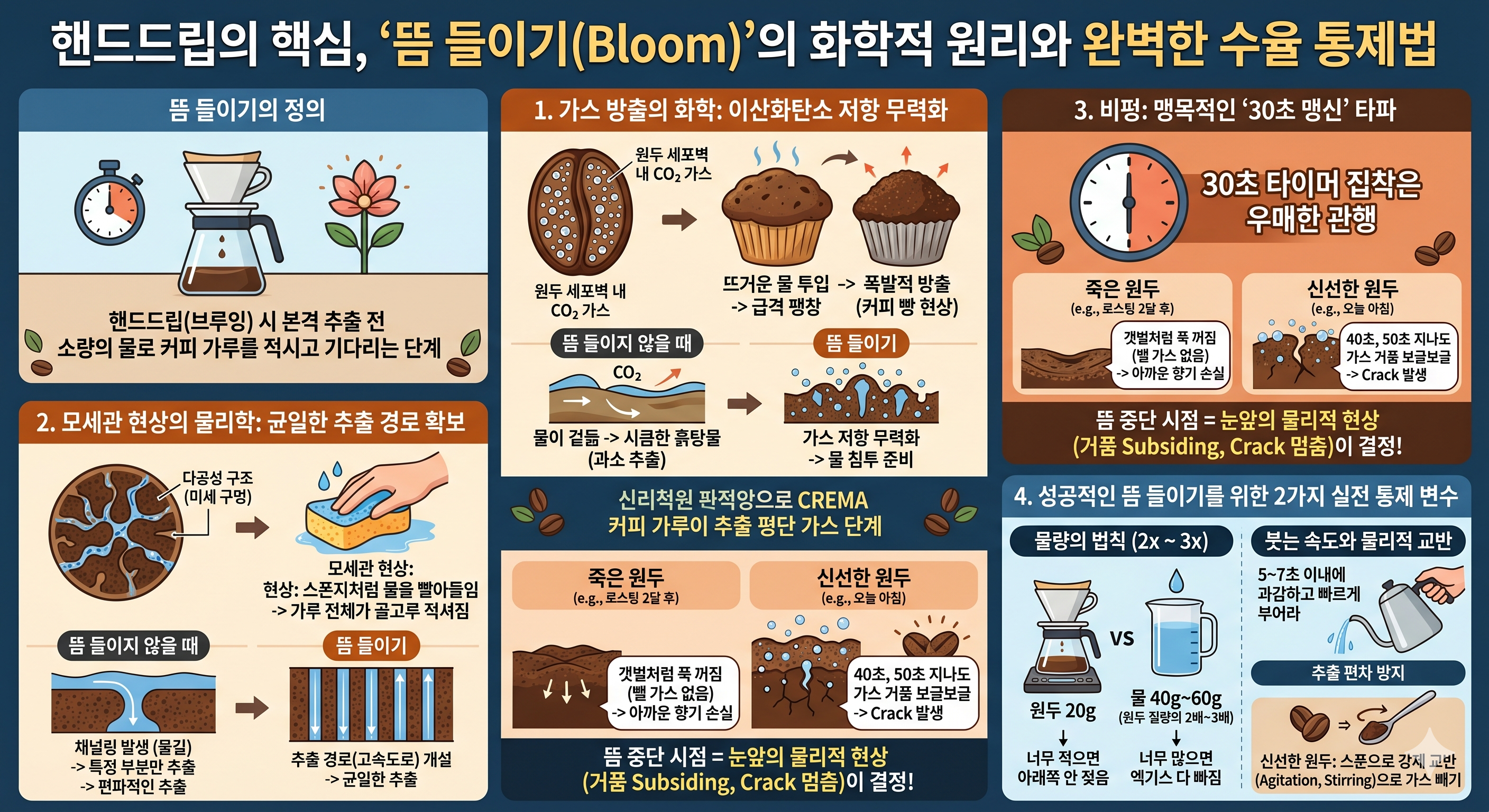 핸드드립의 핵심, '뜸 들이기(Bloom)'의 화학적 원리와 완벽한 수율 통제법