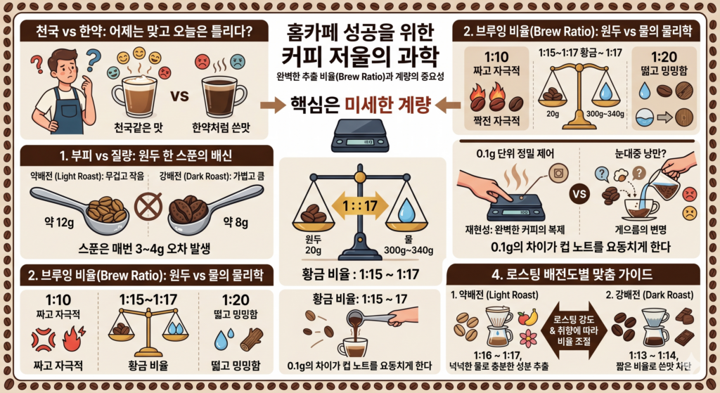 홈카페 성공을 위한 커피 저울의 과학: 완벽한 추출 비율(Brew Ratio)과 계량의 중요성