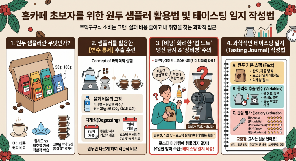 홈카페 초보자를 위한 원두 샘플러 활용법 및 테이스팅 일지 작성법