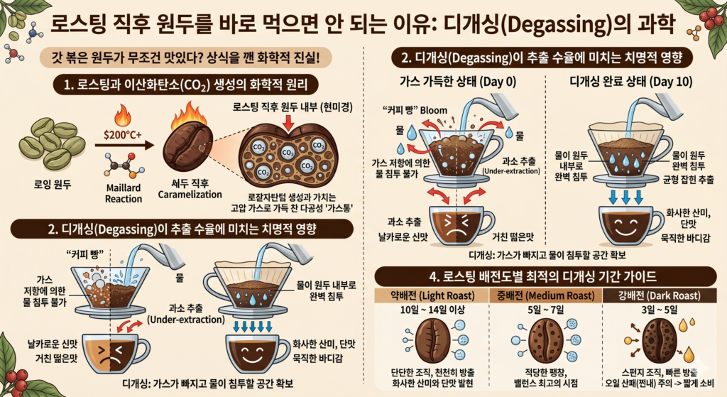 로스팅 직후 원두를 바로 먹으면 안 되는 이유: 디개싱(Degassing)의 과학