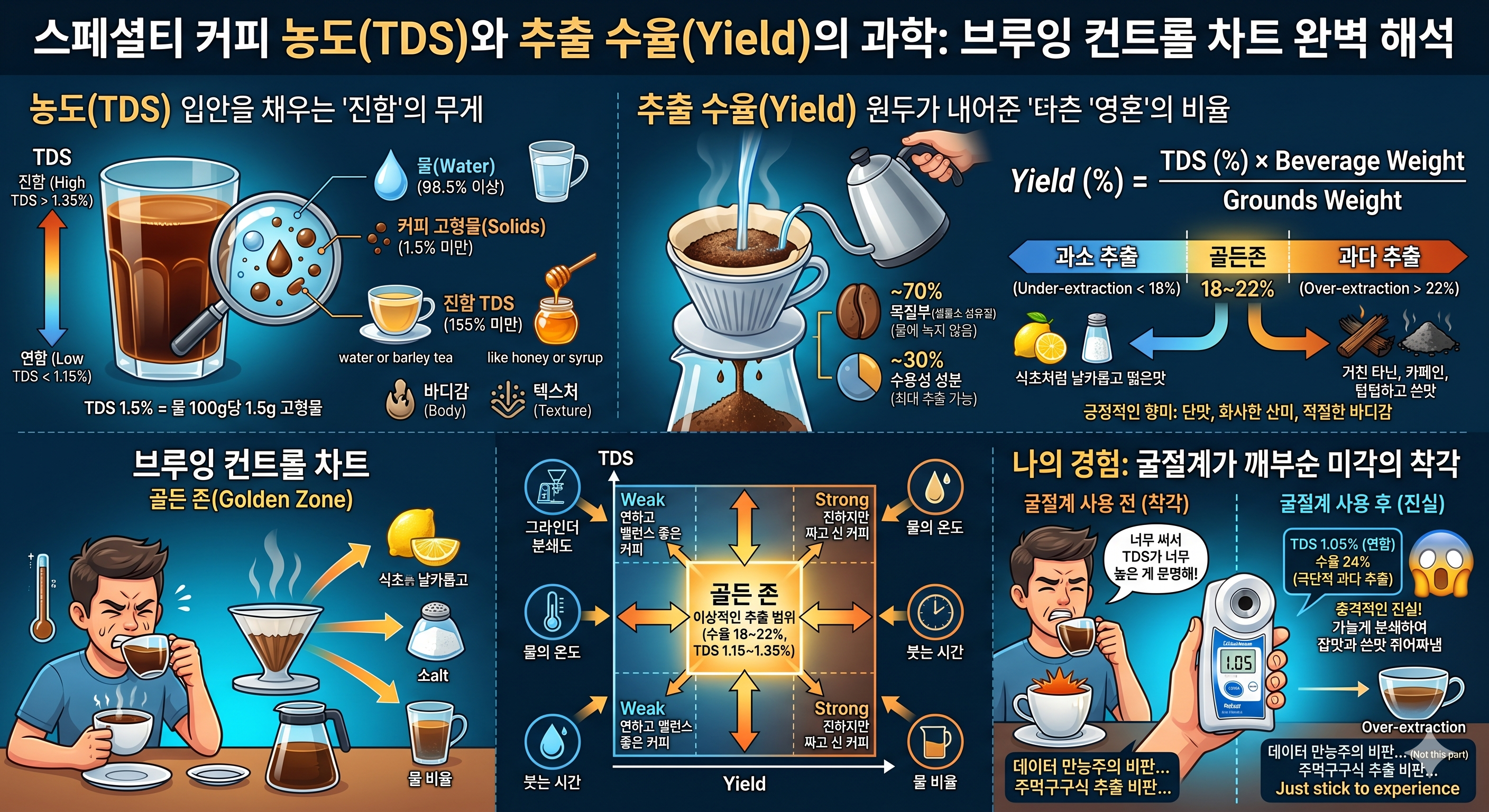 스페셜티 커피 농도(TDS)와 추출 수율(Yield)의 과학: 브루잉 컨트롤 차트 완벽 해석