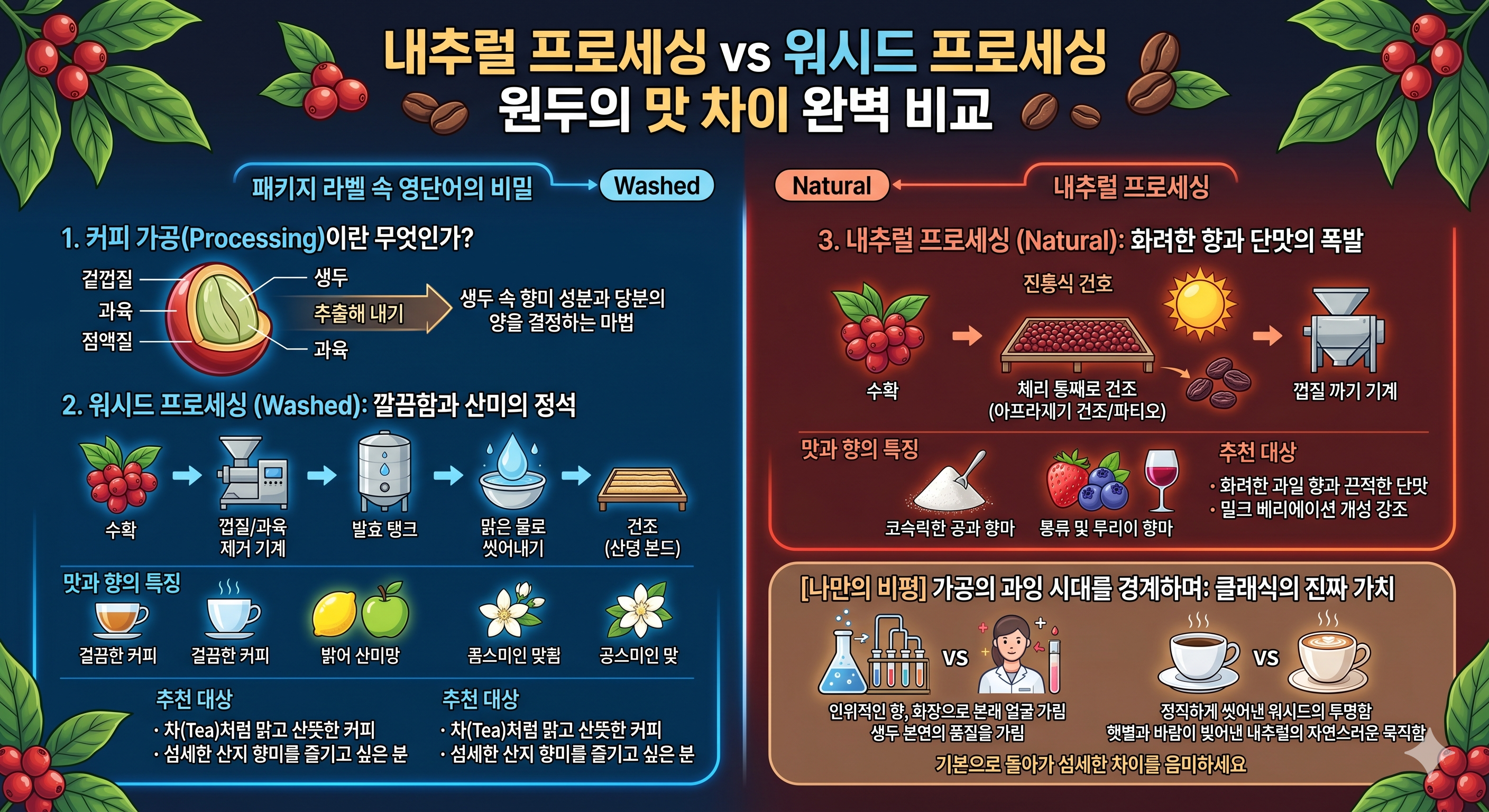 내추럴 프로세싱 vs 워시드 프로세싱 원두의 맛 차이 완벽 비교