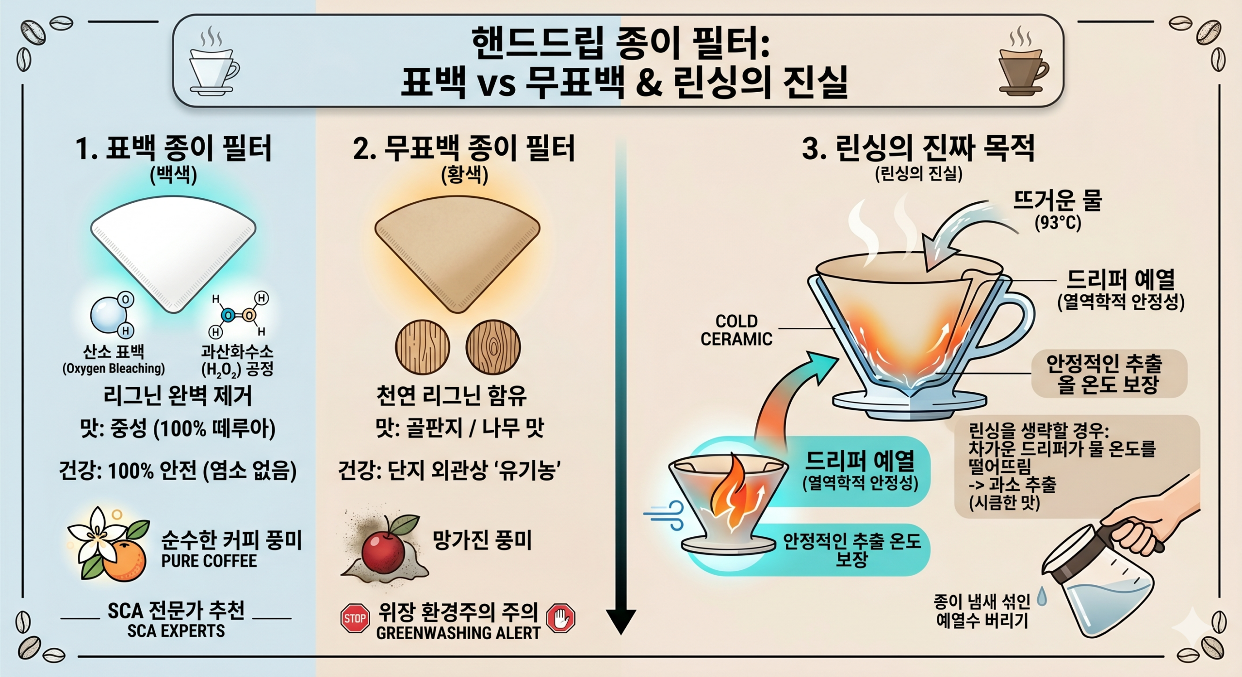 핸드드립 종이 필터(표백 vs 무표백)의 화학적 차이와 린싱(Rinsing)의 진실